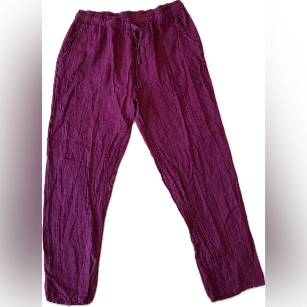 Women's Purple Elastic Waist with Drawstring 100% Linen Pants